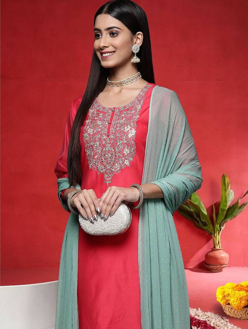 Floral Embroidered Straight Sequinned Kurta With Trousers & With Dupatta