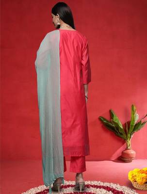 Floral Embroidered Straight Sequinned Kurta With Trousers & With Dupatta 5