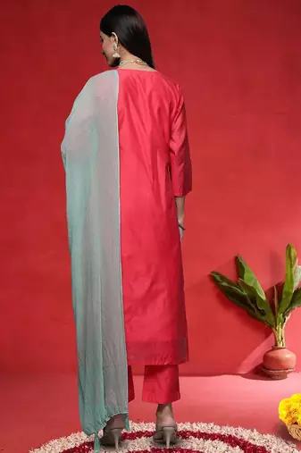 Floral Embroidered Straight Sequinned Kurta With Trousers & With Dupatta