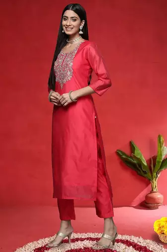 Floral Embroidered Straight Sequinned Kurta With Trousers & With Dupatta