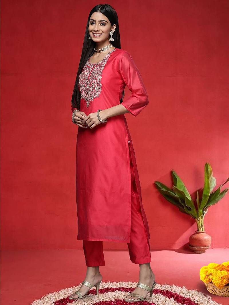 Floral Embroidered Straight Sequinned Kurta With Trousers & With Dupatta
