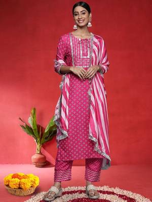 Women Bandhani Printed Round Neck Zari Kurta with Trousers & With Dupatta 1