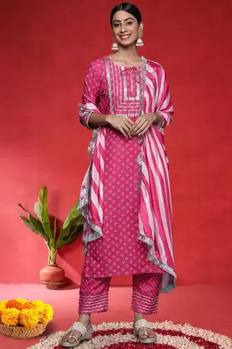Women Bandhani Printed Round Neck Zari Kurta with Trousers & With Dupatta