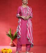 Women Bandhani Printed Round Neck Zari Kurta with Trousers & With Dupatta