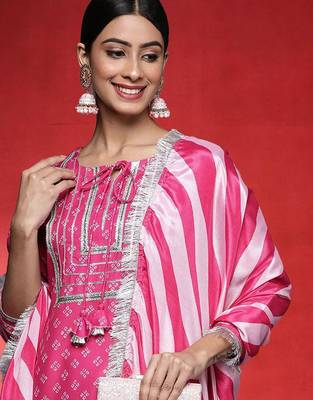 Women Bandhani Printed Round Neck Zari Kurta with Trousers & With Dupatta 2