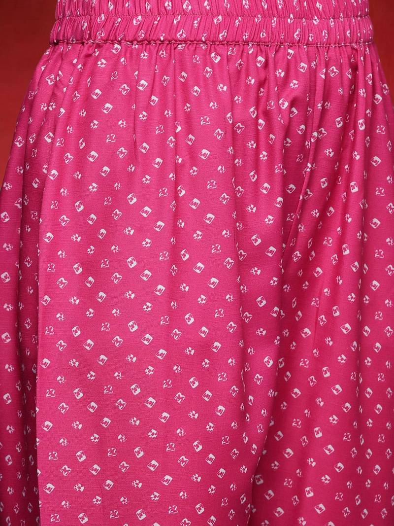 Women Bandhani Printed Round Neck Zari Kurta with Trousers & With Dupatta