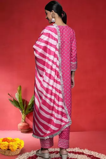 Women Bandhani Printed Round Neck Zari Kurta with Trousers & With Dupatta