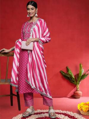 Women Bandhani Printed Round Neck Zari Kurta with Trousers & With Dupatta 6