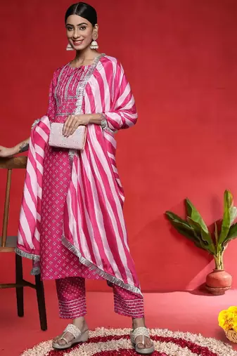 Women Bandhani Printed Round Neck Zari Kurta with Trousers & With Dupatta