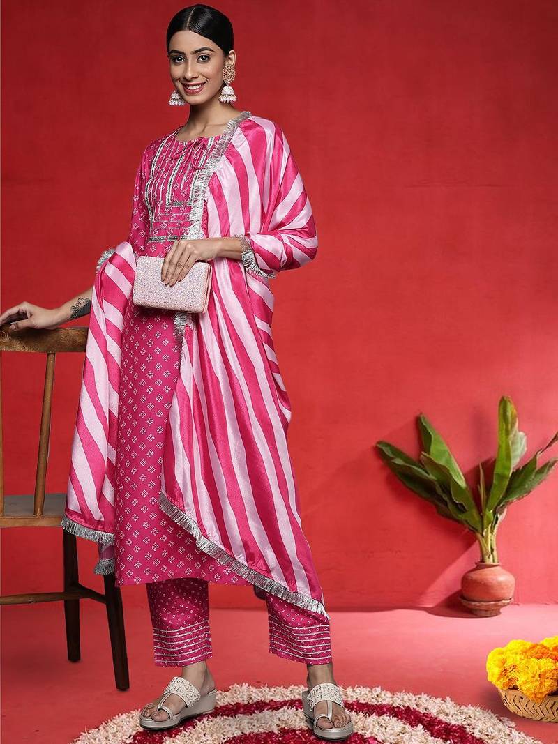 Women Bandhani Printed Round Neck Zari Kurta with Trousers & With Dupatta