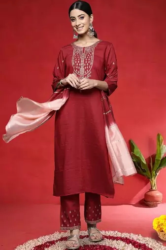 Women Ethnic Motifs Embroidered Regular Kurta with Trousers & Dupatta