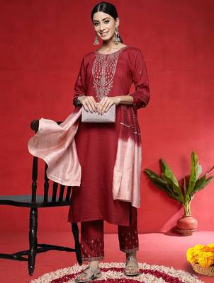 Women Ethnic Motifs Embroidered Regular Kurta with Trousers & Dupatta 6