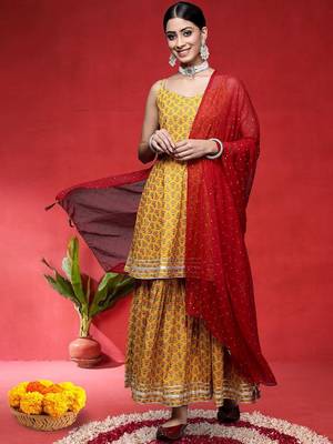 Floral Printed Pure Cotton Shoulder Straps Anarkali Kurta With Sharara & Dupatta 1