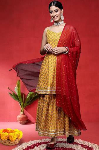 Floral Printed Pure Cotton Shoulder Straps Anarkali Kurta With Sharara & Dupatta
