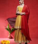 Floral Printed Pure Cotton Shoulder Straps Anarkali Kurta With Sharara & Dupatta