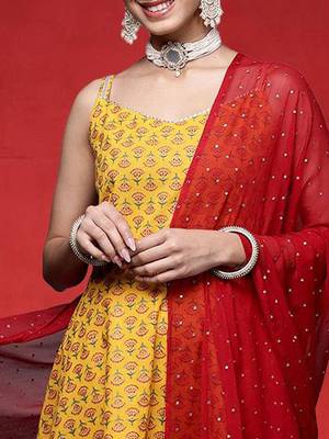 Floral Printed Pure Cotton Shoulder Straps Anarkali Kurta With Sharara & Dupatta 2