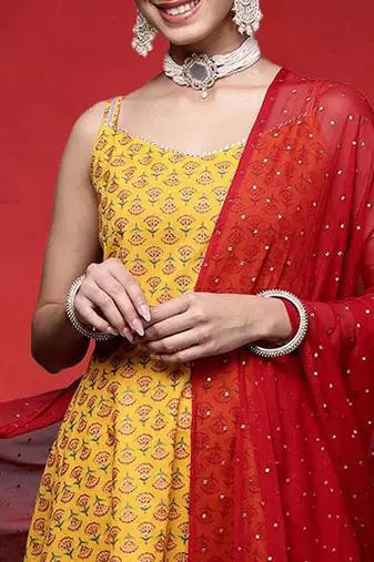 Floral Printed Pure Cotton Shoulder Straps Anarkali Kurta With Sharara & Dupatta