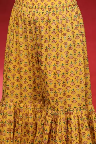Floral Printed Pure Cotton Shoulder Straps Anarkali Kurta With Sharara & Dupatta