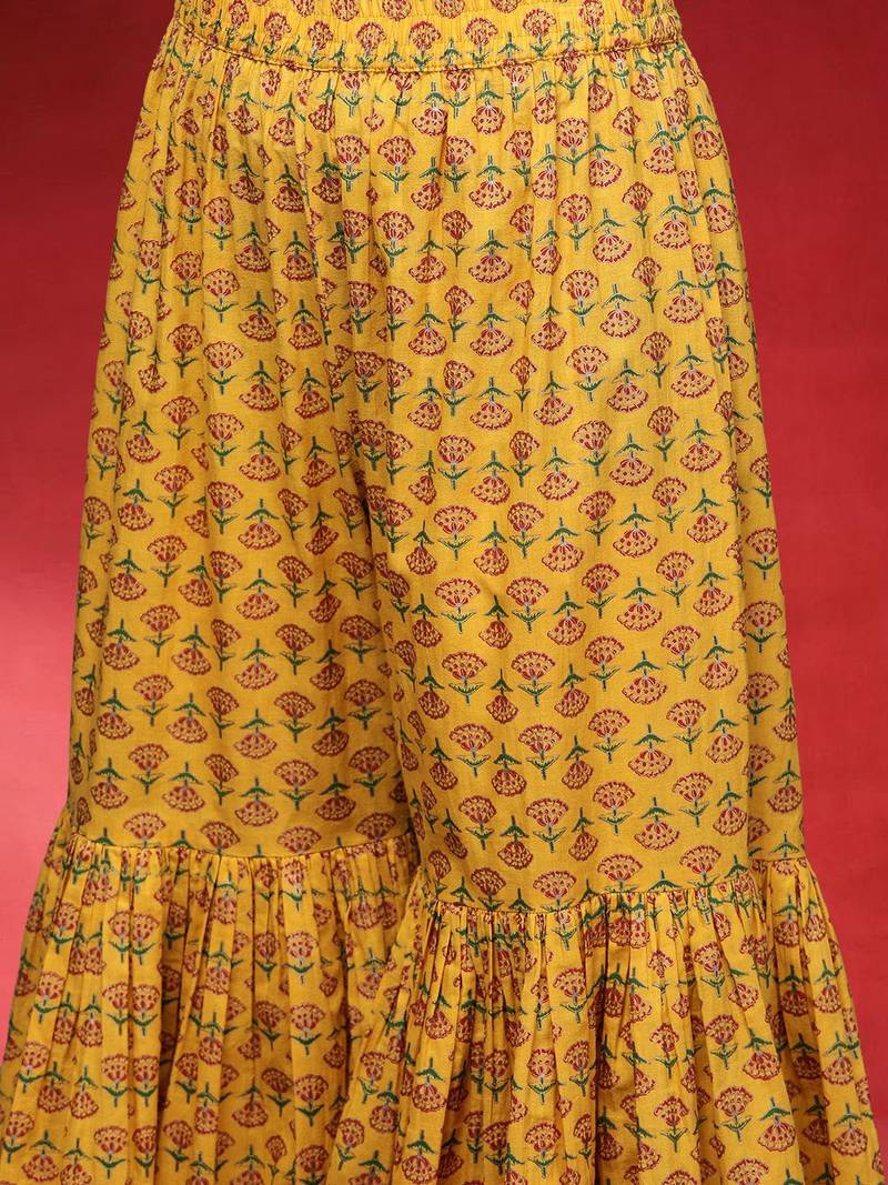 Floral Printed Pure Cotton Shoulder Straps Anarkali Kurta With Sharara & Dupatta