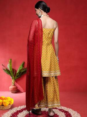 Floral Printed Pure Cotton Shoulder Straps Anarkali Kurta With Sharara & Dupatta 4