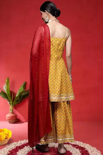 Floral Printed Pure Cotton Shoulder Straps Anarkali Kurta With Sharara & Dupatta