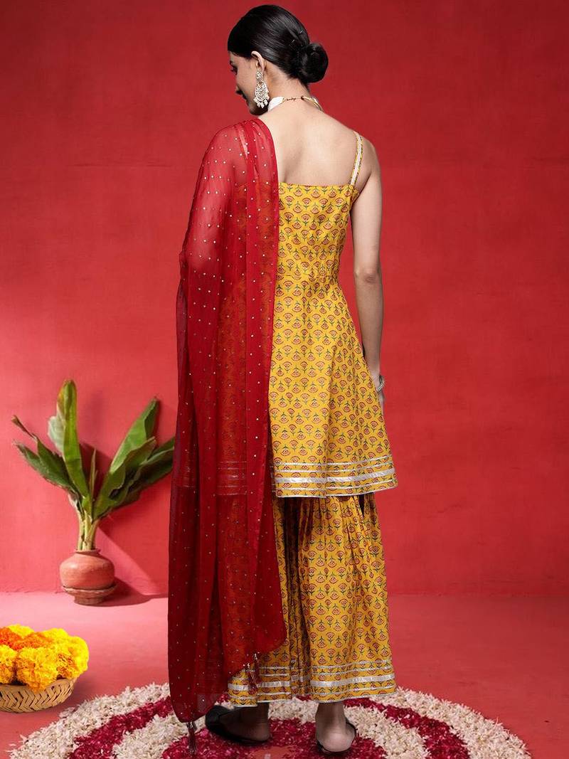 Floral Printed Pure Cotton Shoulder Straps Anarkali Kurta With Sharara & Dupatta