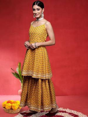 Floral Printed Pure Cotton Shoulder Straps Anarkali Kurta With Sharara & Dupatta 5