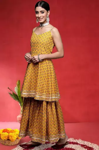 Floral Printed Pure Cotton Shoulder Straps Anarkali Kurta With Sharara & Dupatta