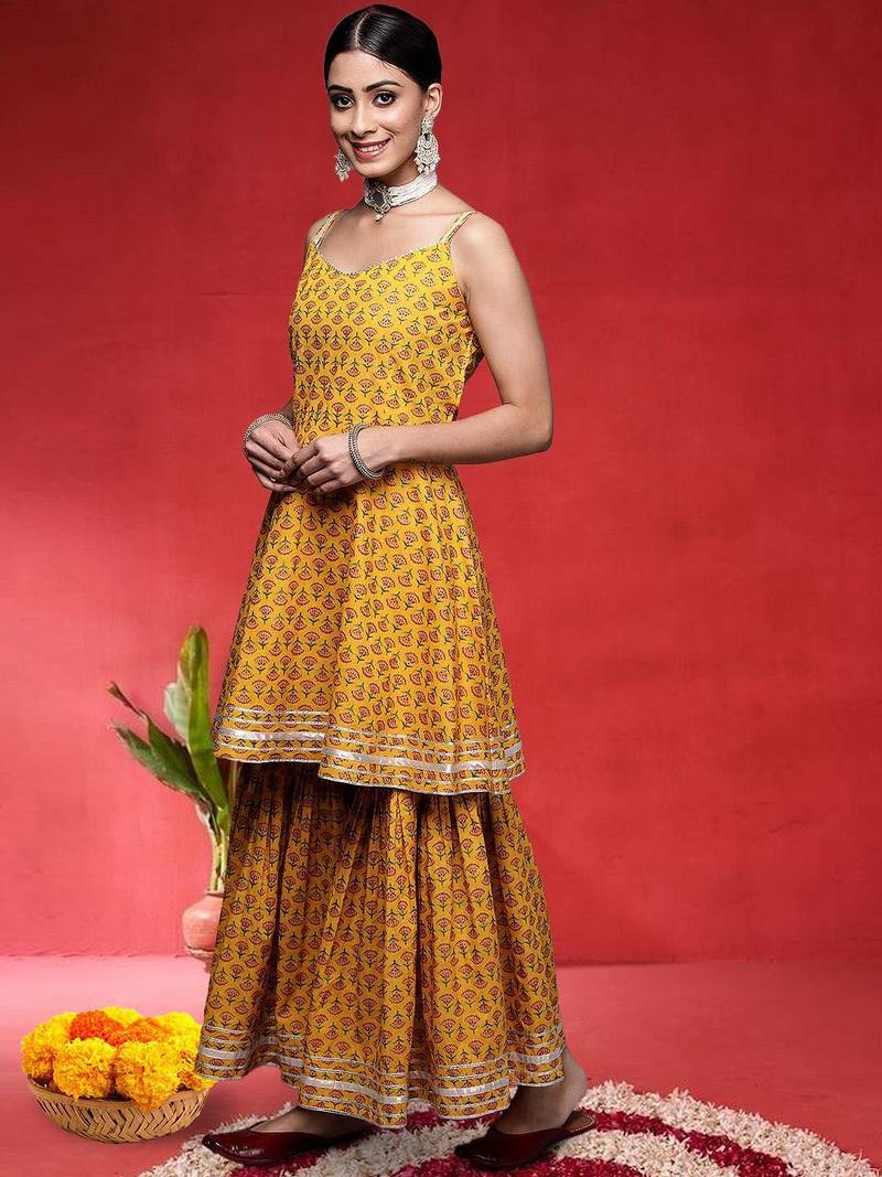Floral Printed Pure Cotton Shoulder Straps Anarkali Kurta With Sharara & Dupatta