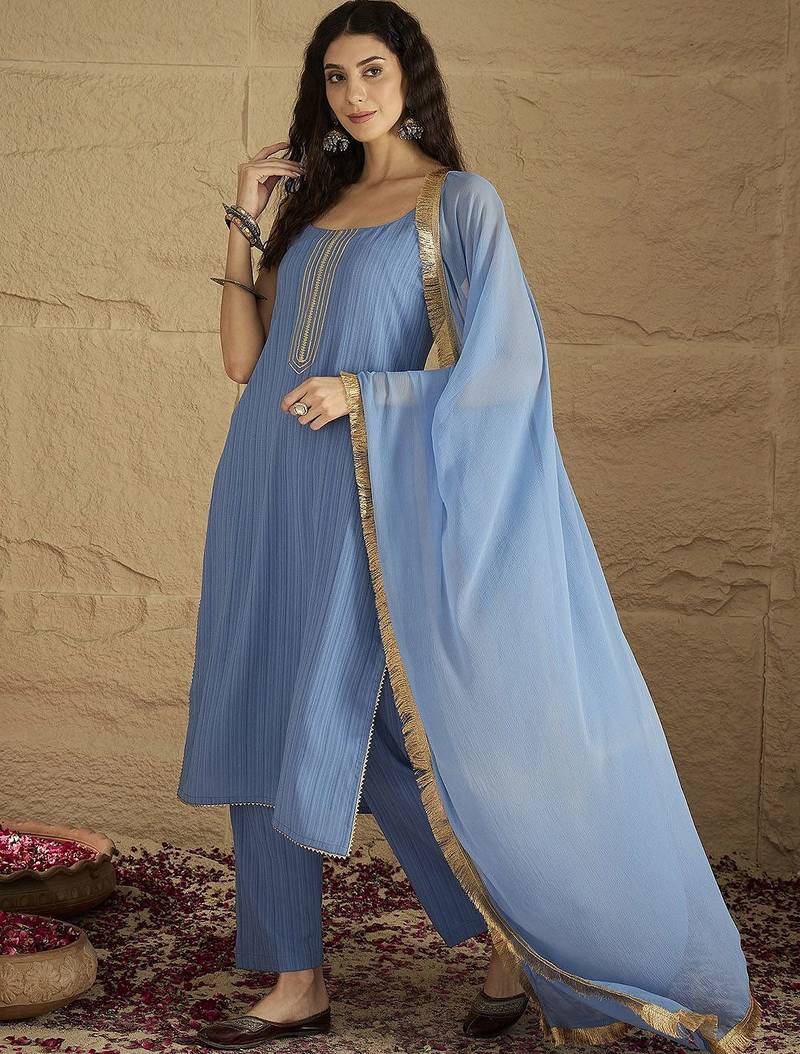 Women Yoke Design Regular Kurta with Trousers & Dupatta