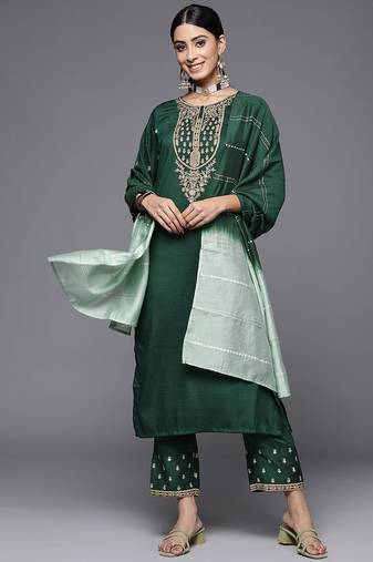 Floral Yoke Design Sequinned Kurta With Trousers & Dupatta