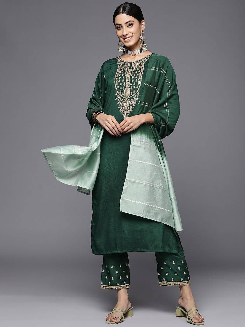 Floral Yoke Design Sequinned Kurta With Trousers & Dupatta