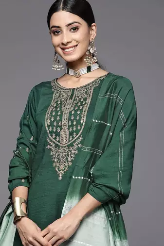 Floral Yoke Design Sequinned Kurta With Trousers & Dupatta