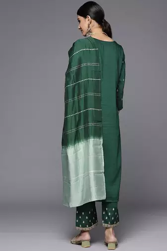 Floral Yoke Design Sequinned Kurta With Trousers & Dupatta
