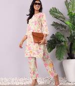Off White Floral Printed Panelled Pure Cotton Straight Kurta With Trouser