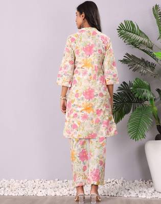 Off White Floral Printed Panelled Pure Cotton Straight Kurta With Trouser 5