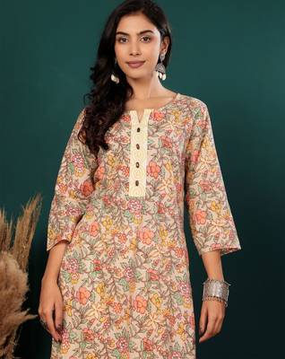 Floral Printed Notch Neck Pure Cotton Straight Kurta With Trousers 2