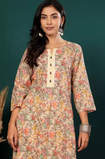 Floral Printed Notch Neck Pure Cotton Straight Kurta With Trousers