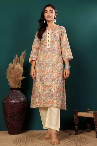 Floral Printed Notch Neck Pure Cotton Straight Kurta With Trousers