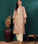 Floral Printed Notch Neck Pure Cotton Straight Kurta With Trousers