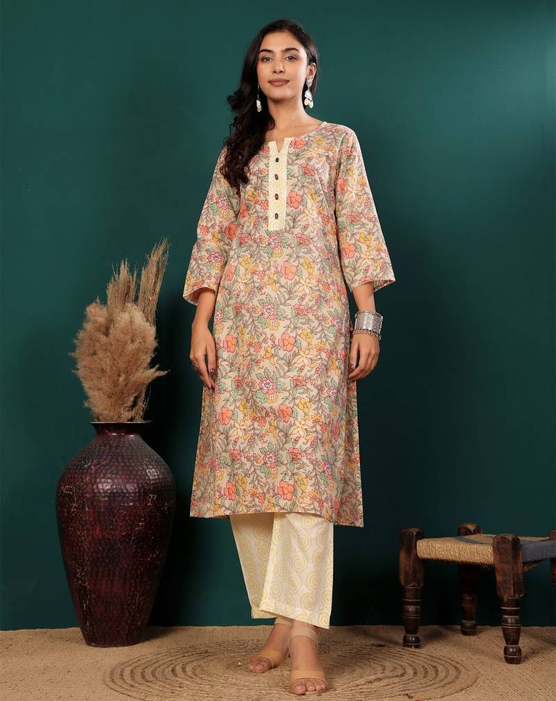 Floral Printed Notch Neck Pure Cotton Straight Kurta With Trousers