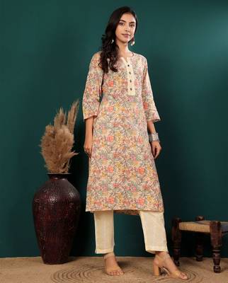 Floral Printed Notch Neck Pure Cotton Straight Kurta With Trousers 5