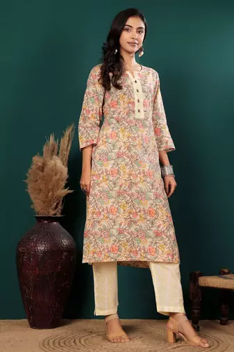 Floral Printed Notch Neck Pure Cotton Straight Kurta With Trousers