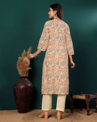 Floral Printed Notch Neck Pure Cotton Straight Kurta With Trousers 6