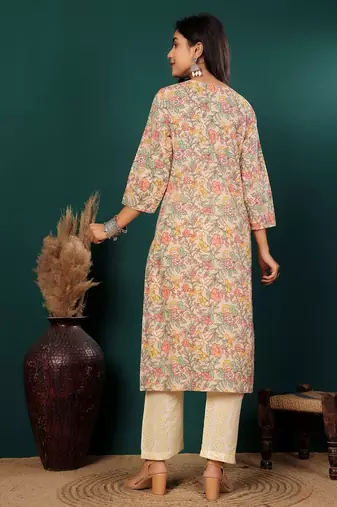 Floral Printed Notch Neck Pure Cotton Straight Kurta With Trousers