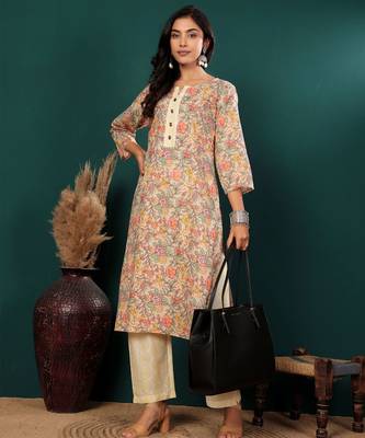 Floral Printed Notch Neck Pure Cotton Straight Kurta With Trousers 7