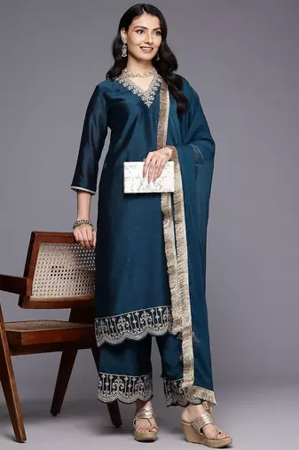 Blue Floral Embroidered V-Neck Regular Straight Kurta With Palazzo With Dupatta