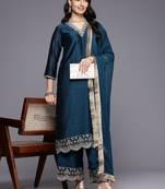 Blue Floral Embroidered V-Neck Regular Straight Kurta With Palazzo With Dupatta