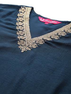 Blue Floral Embroidered V-Neck Regular Straight Kurta With Palazzo With Dupatta 2