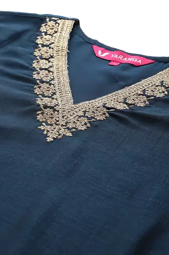 Blue Floral Embroidered V-Neck Regular Straight Kurta With Palazzo With Dupatta
